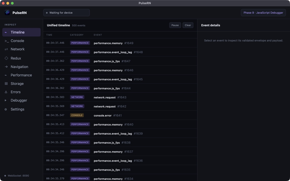 PulseRN desktop debugger showing events in a unified chronological timeline